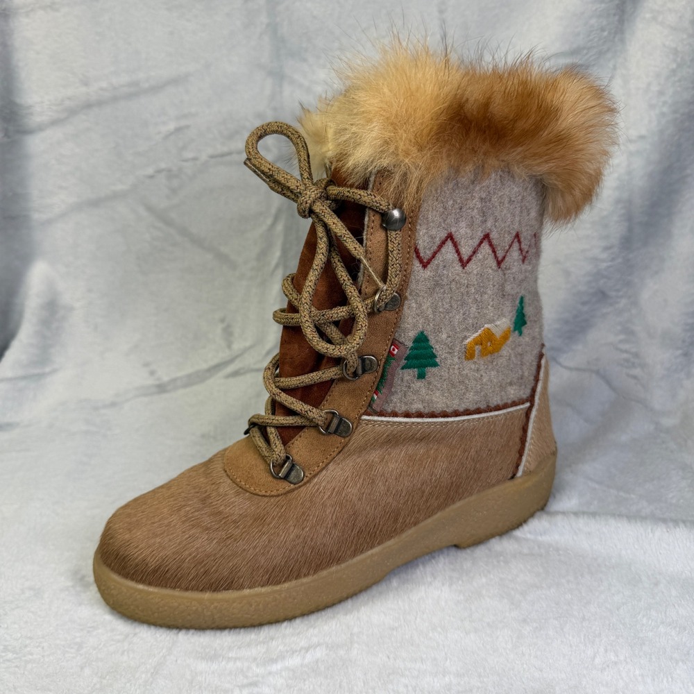Pajar Snow Boot Womens 37 Brown Left Shoe Only Fur Trim Italy Embroidered